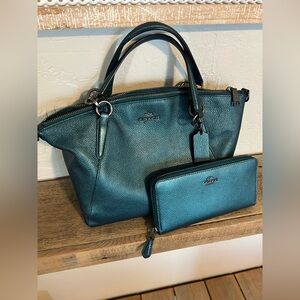 Coach Small Kelsey Satchel & wallet beautiful metallic teal